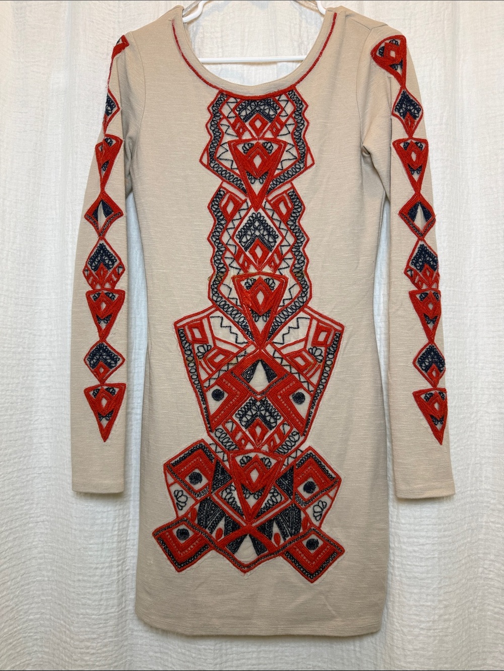 Free People Aztec Princess Embroidered Long Sleeve Bodycon Mini Dress